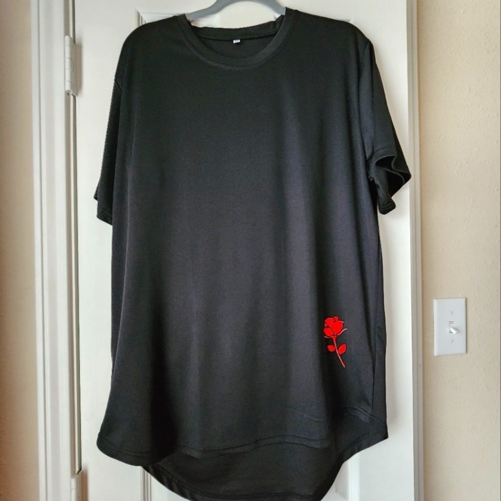 SHEIN black polyester shirt with red rose Size XL